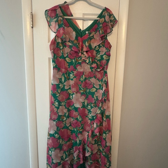 London Times Green and Pink Floral High Low Dress - Picture 1 of 3